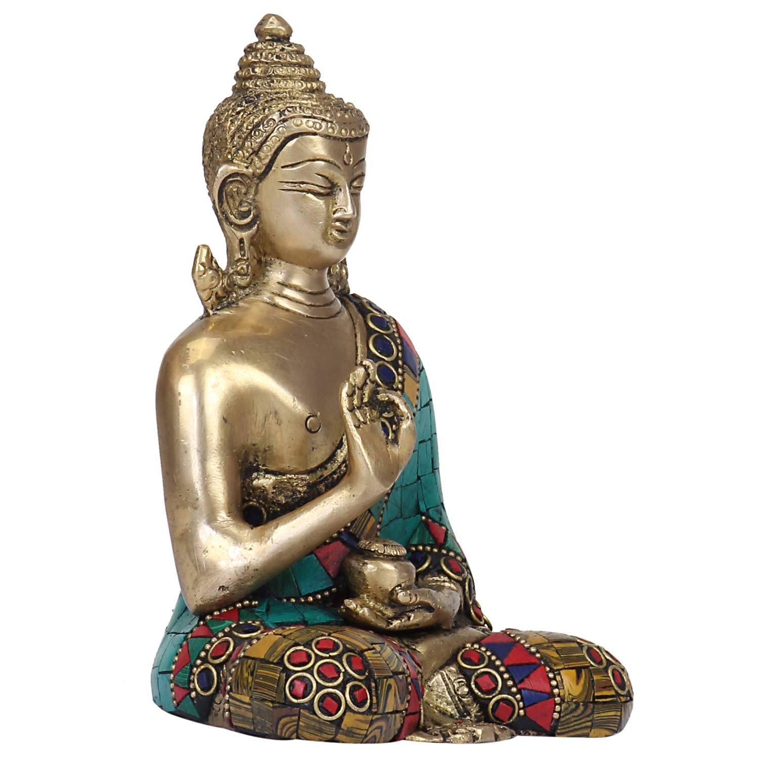 Brass Buddha Vitarka Mudra Idol Statue Tibetan Buddhist Decor Showpiece Height 6 Inch Multicolor - SvarupArt