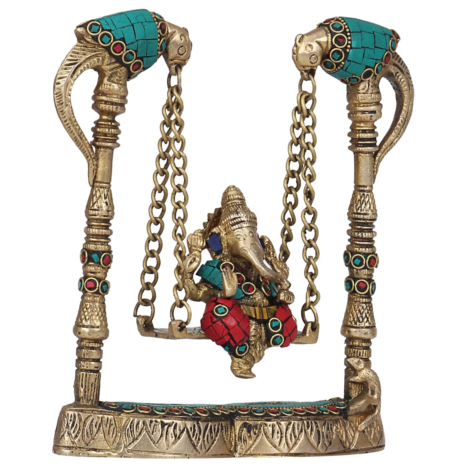 Brass Ganesha on Jhoola Ganesh Swing Decor Showpiece Handcrafted Statue 8 Inch, Multicolor - SvarupArt