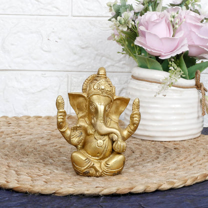 Brass Ganesh Bhagwan Idol Taj Ganesha Statue Ganpati Murti for Home Entrance Decor Diwali Gift 4.5 Inch - SvarupArt