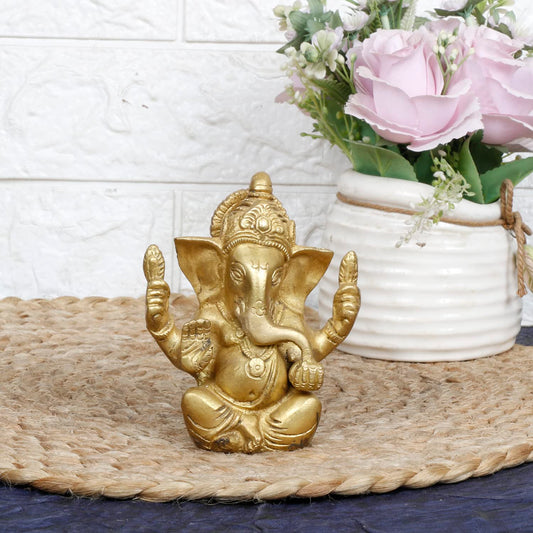 Brass Ganesh Bhagwan Idol Taj Ganesha Statue Ganpati Murti for Home Entrance Decor Diwali Gift 4.5 Inch - SvarupArt