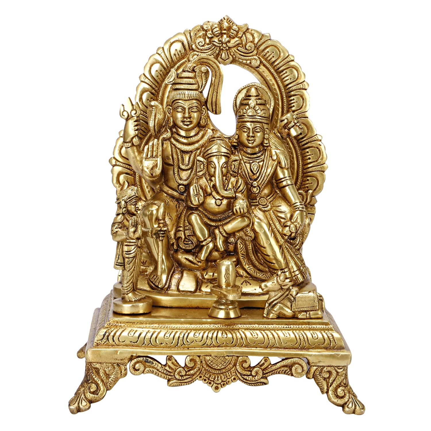 Brass Shiva Parvati Shiv Parivar Shankar Bhagwan Ganesh Family Murti Idol Statue Sculpture Gold Color Height 12 Inch - SvarupArt