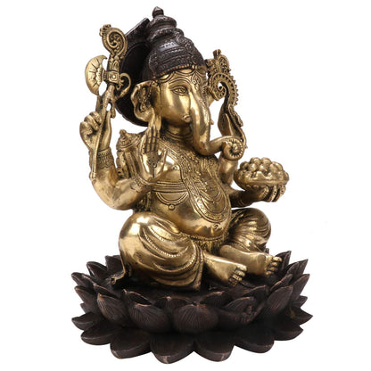 Brass Mangalkari Ganesha Sitting On Lotus Bhagwan Idol Ganesh Statue Ganpati Murti for Home Entrance Decor Diwali Gift - SvarupArt
