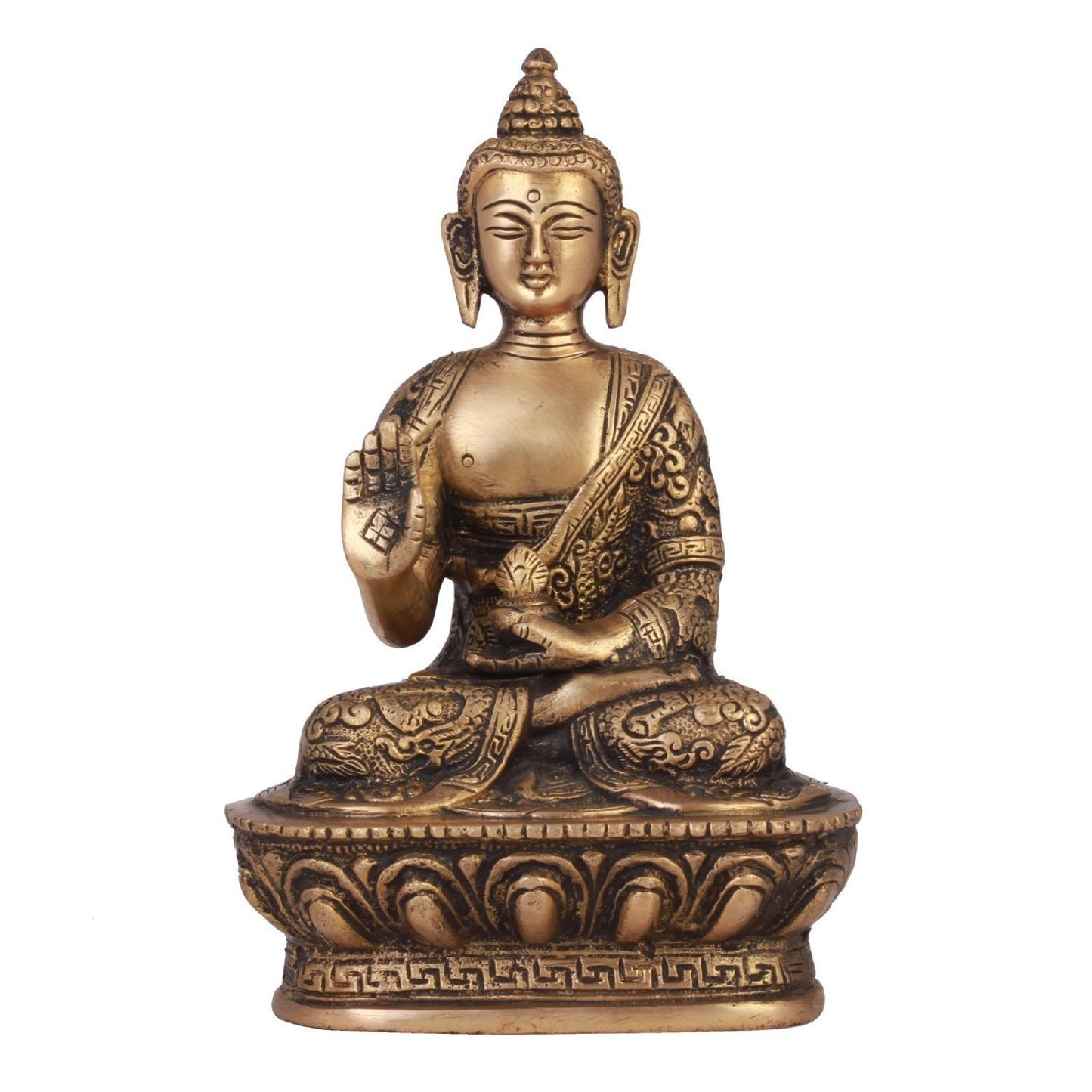 Brass Buddha Idol Statue Tibetan Buddhist Décor Height 7 Inch Weight 1 Kg Gold Color - SvarupArt