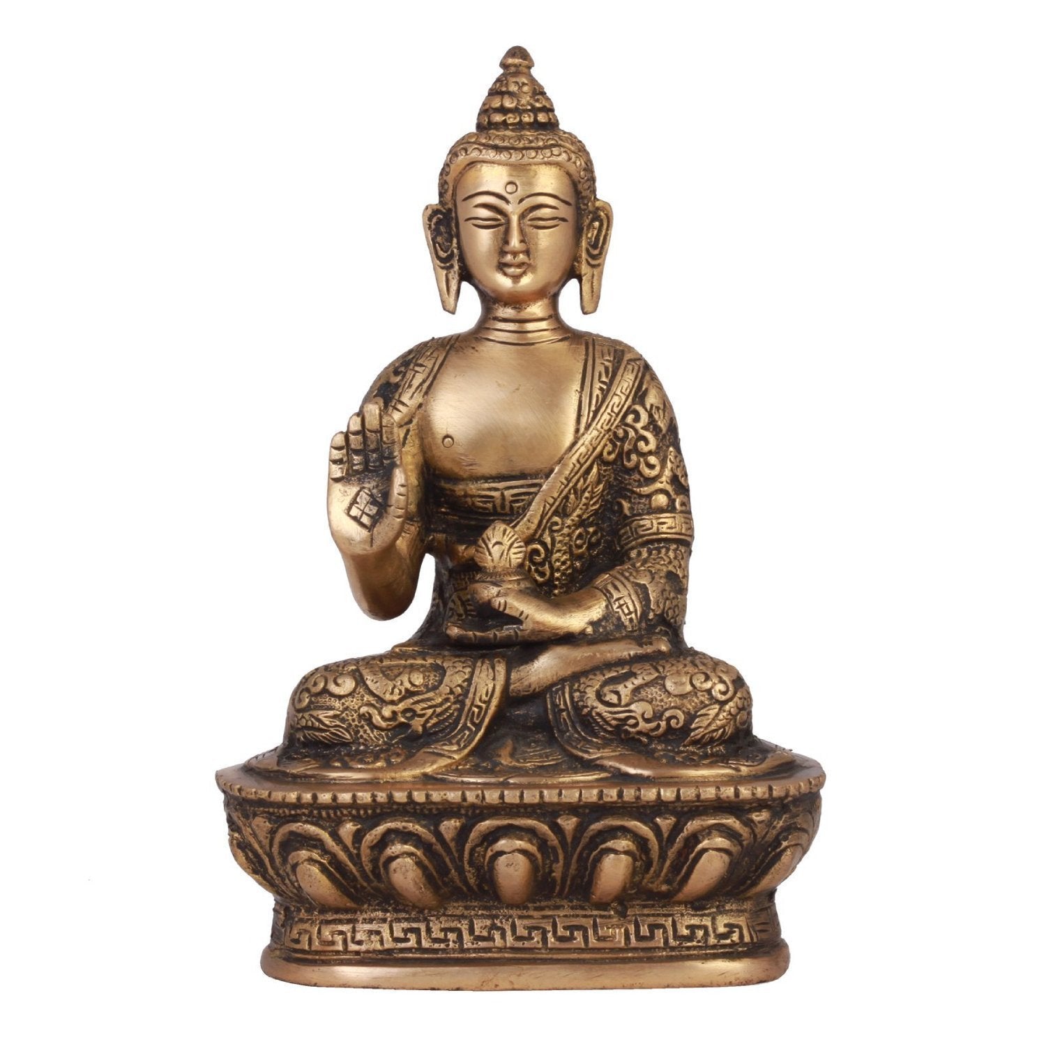 Brass Buddha Idol Statue Tibetan Buddhist Décor Height 7 Inch Weight 1 Kg Gold Color - SvarupArt