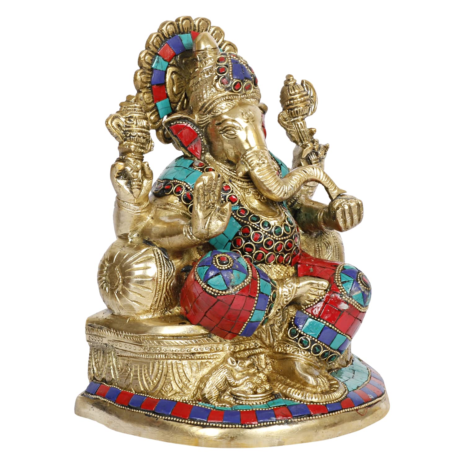 Brass Lord Ganesh Ganpati Sitting On Singhasana Ganesha Idol for Puja Home Decor Gift Height 8 inch - SvarupArt