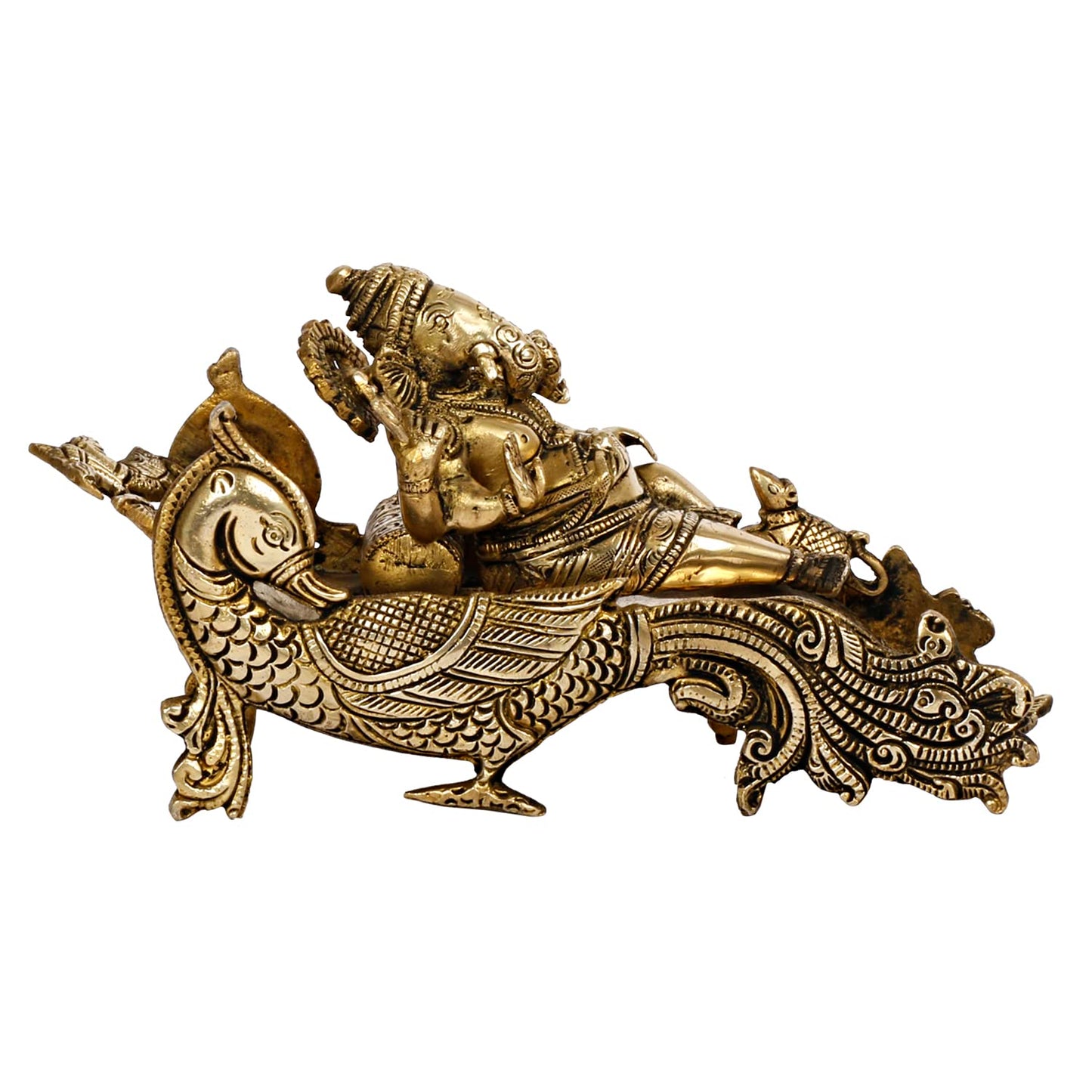 Brass Ganesha Ganesh Bhagwan Idol Resting on Designer Peacock Couch Ganapati Ganpati Murti for Home Decor - SvarupArt