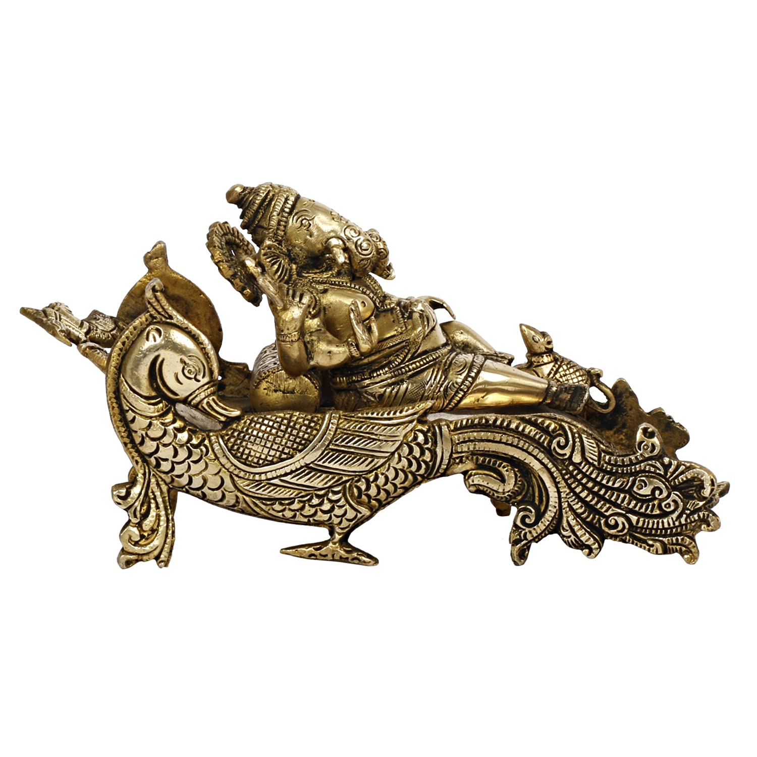 Brass Ganesha Ganesh Bhagwan Idol Resting on Designer Peacock Couch Ganapati Ganpati Murti for Home Decor - SvarupArt