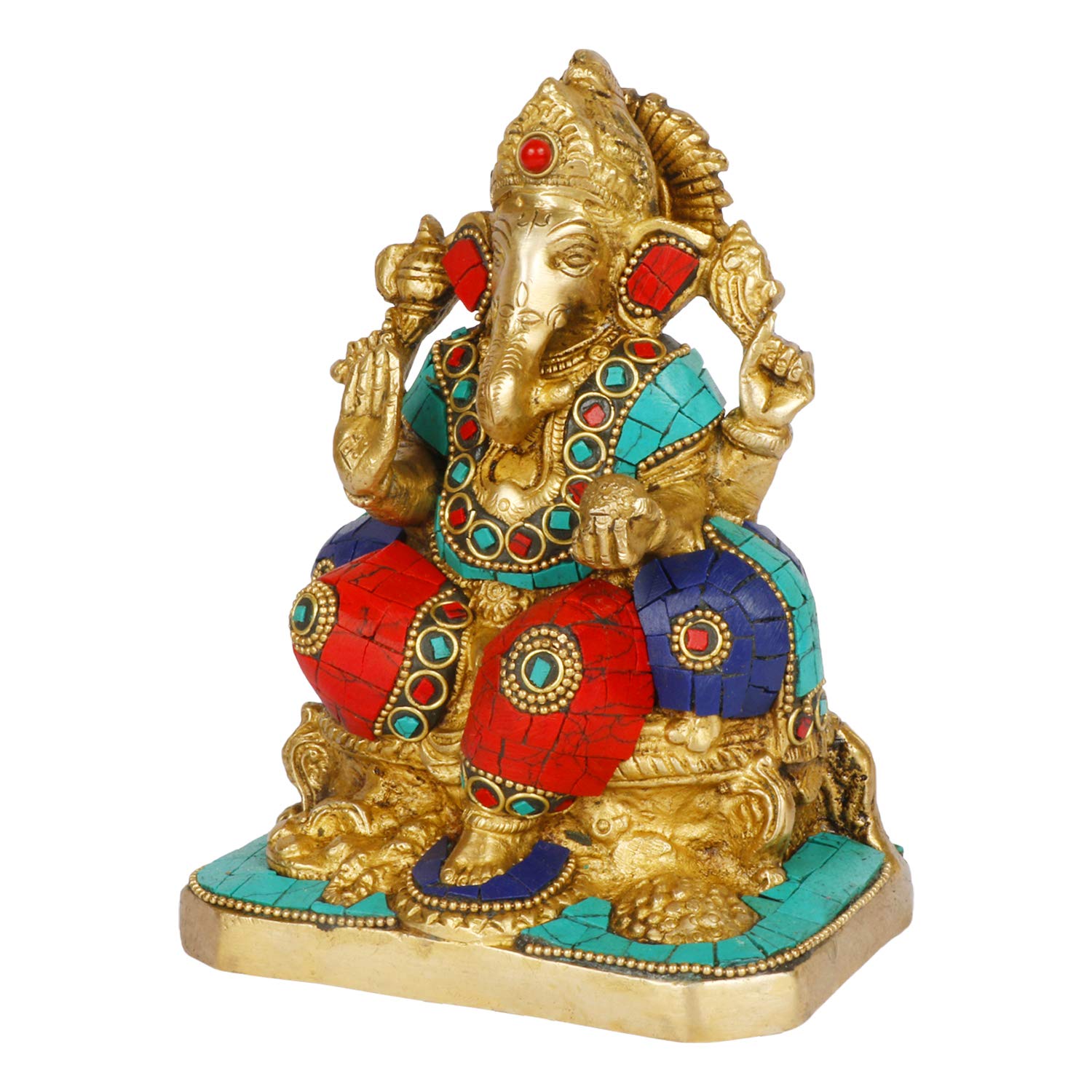 Brass Sitting Ganesha Idol In Multicolor Height 6.5 Inch Weight 2 Kg - SvarupArt