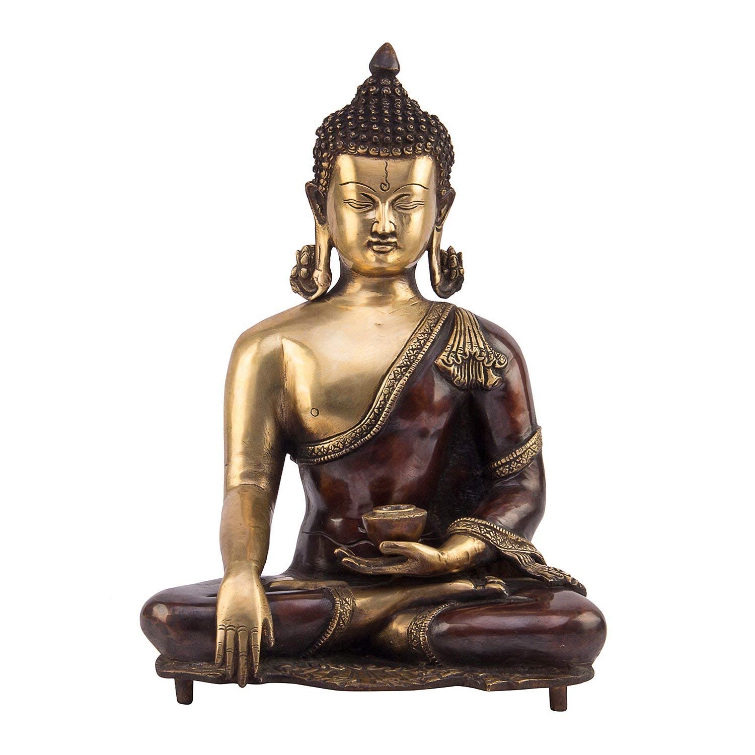 Big Brass Buddha Idol Statue Bhumisparsha Gautam Budd Tibetan Buddhist Decor Height 16 Inch Color Copper Gold - SvarupArt