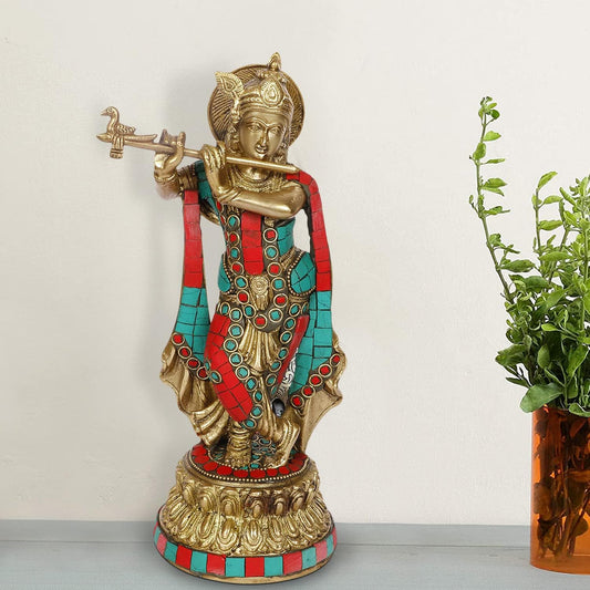 Lord Krishna Statue Playing Flute on Lotus Base Multicolor Gemstone Handwork Home Decor for Living Room Pooja Gift Item - SvarupArt