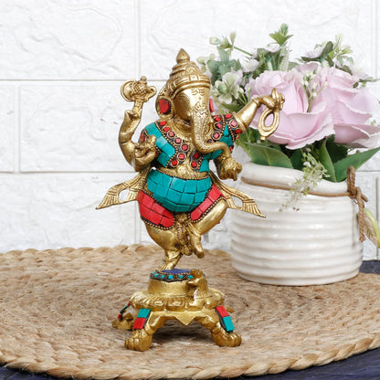 Brass Dancing Ganesha Idol Ganesha Statue Ganpati Murti for Home Entrance Decor Height 8 Inch - SvarupArt