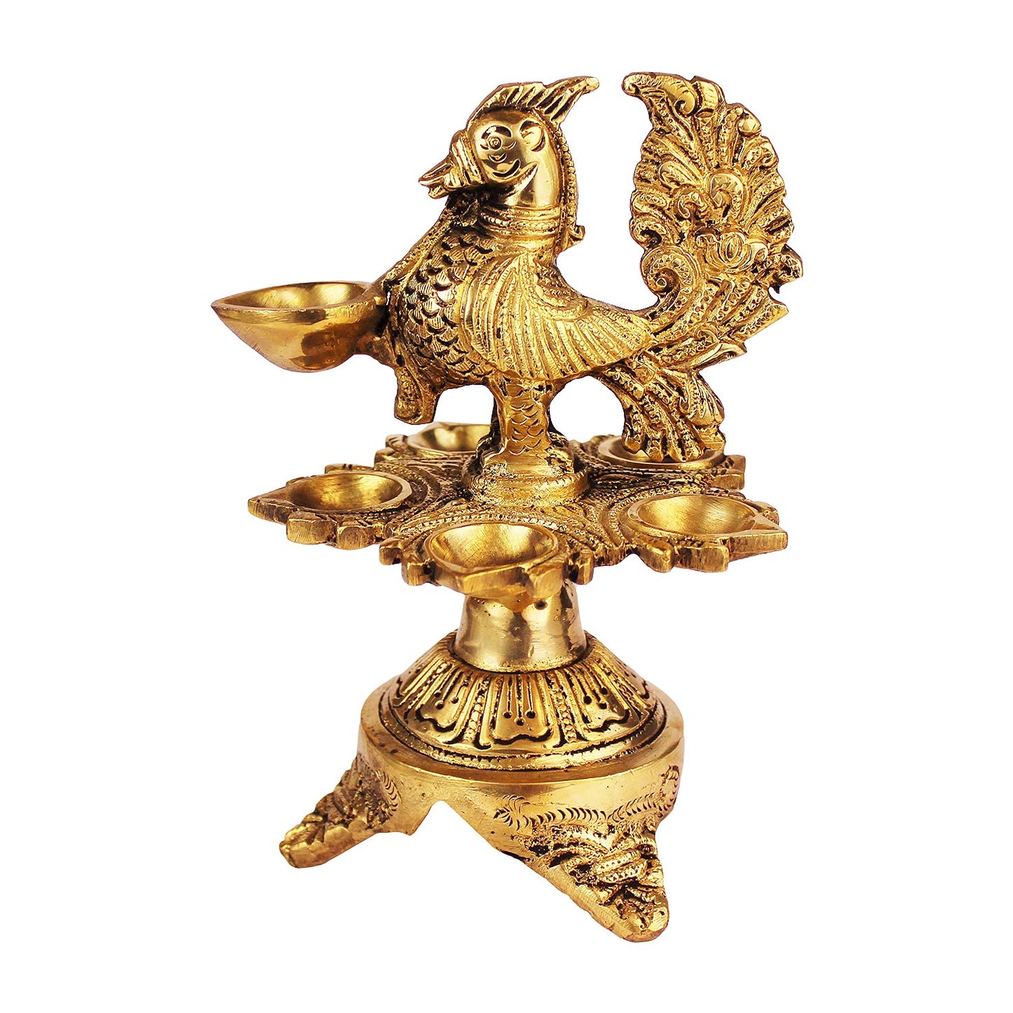 6 Inch Small Gold Color Brass Peacock Design Oil Diya with Base: Ideal for Home Temple Aarti and Decor - SvarupArt