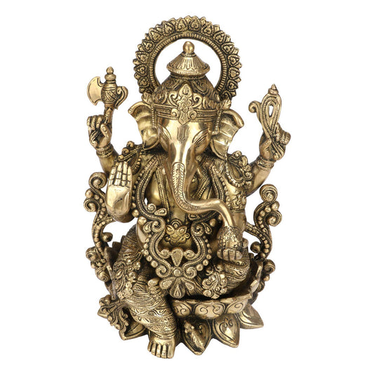 Brass Ganesha Idol for Home Decoration Ganpati Statue Murti for Gift Height 13 Inch Weight 7.5 Kg Color Gold - SvarupArt