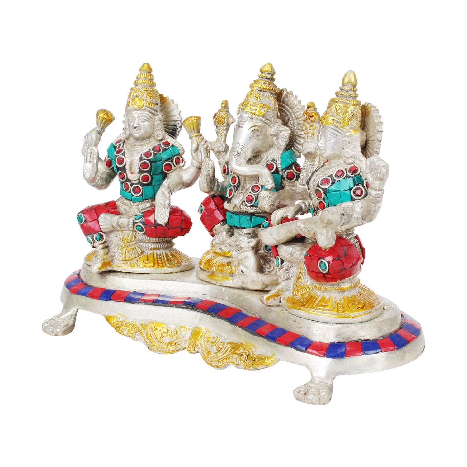 Brass Lakshmi Ganesha Saraswati Laxmi Ganesh and Sarasvati Idol for Diwali Pooja Home Decor (Length 9.5 inch weight 3... - SvarupArt