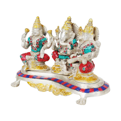 Brass Lakshmi Ganesha Saraswati Laxmi Ganesh and Sarasvati Idol for Diwali Pooja Home Decor (Length 9.5 inch weight 3... - SvarupArt