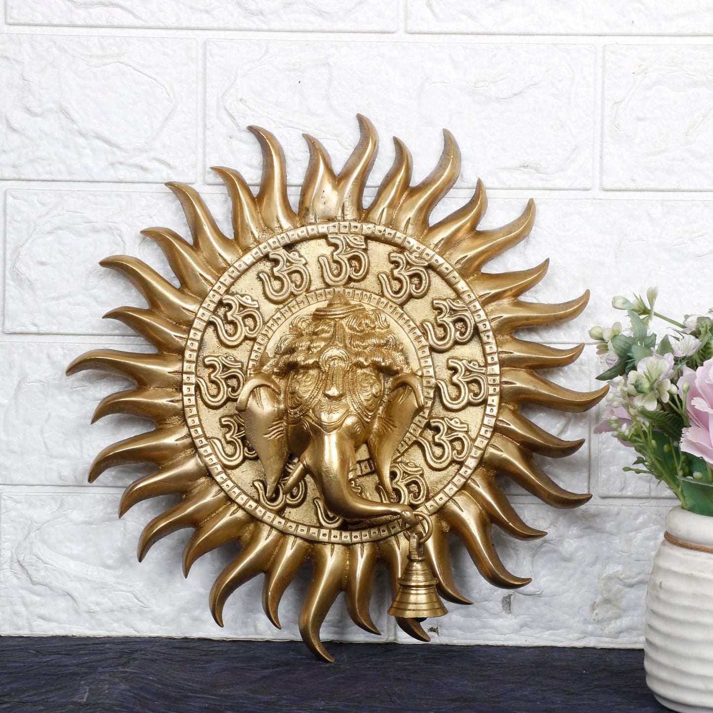 Brass Om Sun Ganesha Ganesha Wall Hanging for Home Office Entrance Puja Gift 11 Inch. - SvarupArt