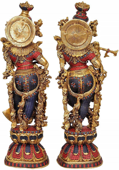 Brass Big Radha Krishna Idol Radhay Krishan Murti in Multicolor Height 29 Inch - SvarupArt