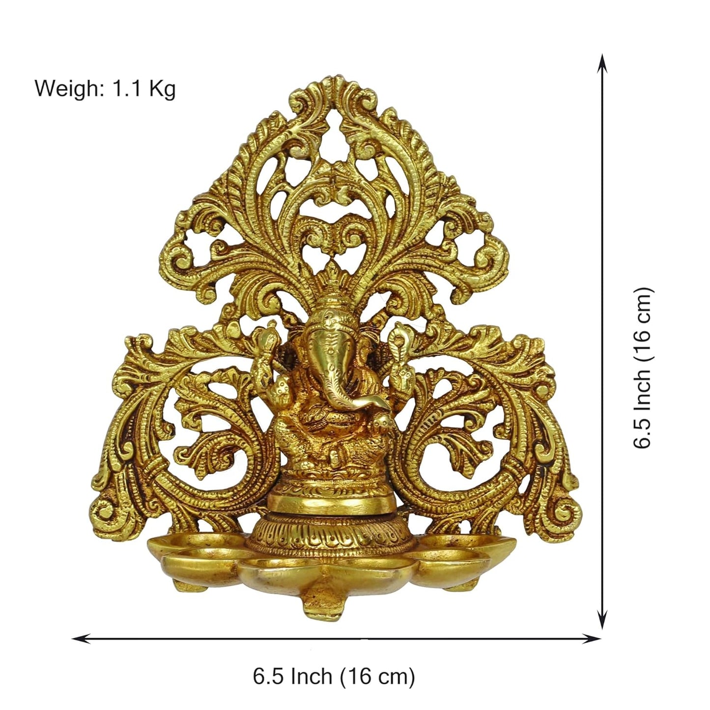 Brass Ganesha 5 Wicks Diya Wall Hanging Diya Lord Ganesh Oil Lamp Deepak Showpiece Decor Gift Diwali 6.5 Inch - SvarupArt