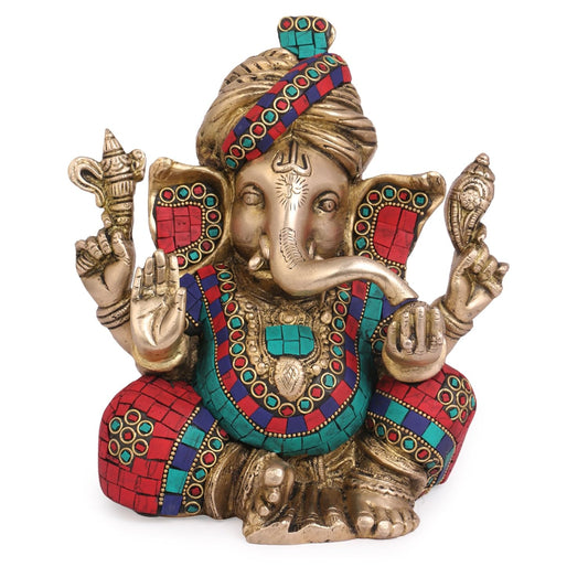 Brass Ganesha Pagdi Murti Turban Ganesh Idol Statue Figurine for Puja Decor Gift 8 Inch Multicolor - SvarupArt