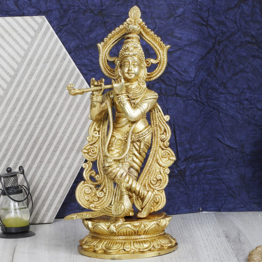 Brass Krishna Bhagwan Idol Murli Kishan Murti Playing Bansuri Gift for Home Mandir Decor Marriage Height 12 Inch - SvarupArt