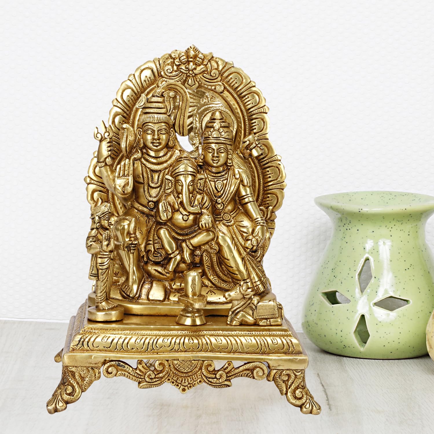 Brass Shiva Parvati Shiv Parivar Shankar Bhagwan Ganesh Family Murti Idol Statue Sculpture Gold Color Height 12 Inch - SvarupArt