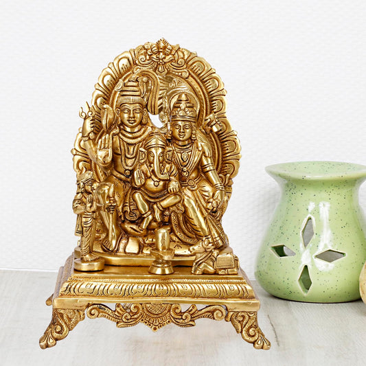 Brass Shiva Parvati Shiv Parivar Shankar Bhagwan Ganesh Family Murti Idol Statue Sculpture Gold Color Height 12 Inch - SvarupArt
