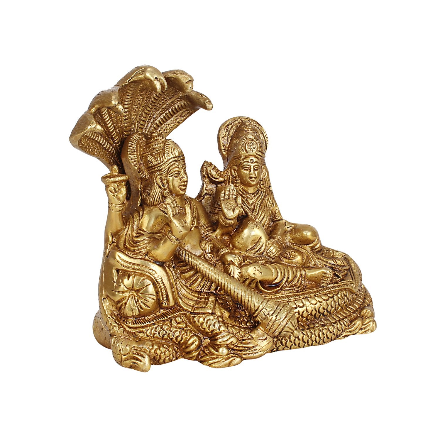 Brass Vishnu Laxmi Resting on Sheshnaag Lord Bhagwan Narayan Lakshmi Statue Idol Murti for Home Decor Mandir Pooja 7 Inch - SvarupArt