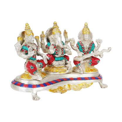 Brass Lakshmi Ganesha Saraswati Laxmi Ganesh and Sarasvati Idol for Diwali Pooja Home Decor (Length 9.5 inch weight 3... - SvarupArt