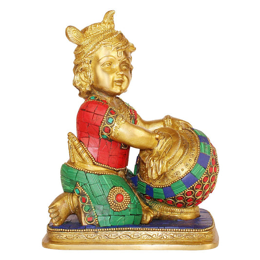 Brass Shri Krishna Makhan Chor with Matki Kishan Bhagwan Murti Lord Krishna with Makhan Statue Height 7 Inch - SvarupArt