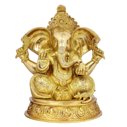 Brass Ganesha Idol for Home Decoration Ganpati Statue Murti for Gift Height 11 Inch Weight 6.9 Kg Color Gold - SvarupArt
