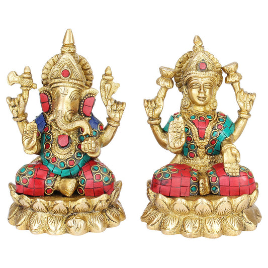 Brass Lakshmi Ganesha Sitting on Lotus Laxmi Ganesh Idol for Diwali Pooja Home Decor (Height 5.5 inch Multicolor) - SvarupArt