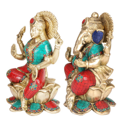 Brass Lakshmi Ganesha Sitting on Lotus Laxmi Ganesh Idol for Diwali Pooja Home Decor (Height 10 inch Multicolor) - SvarupArt