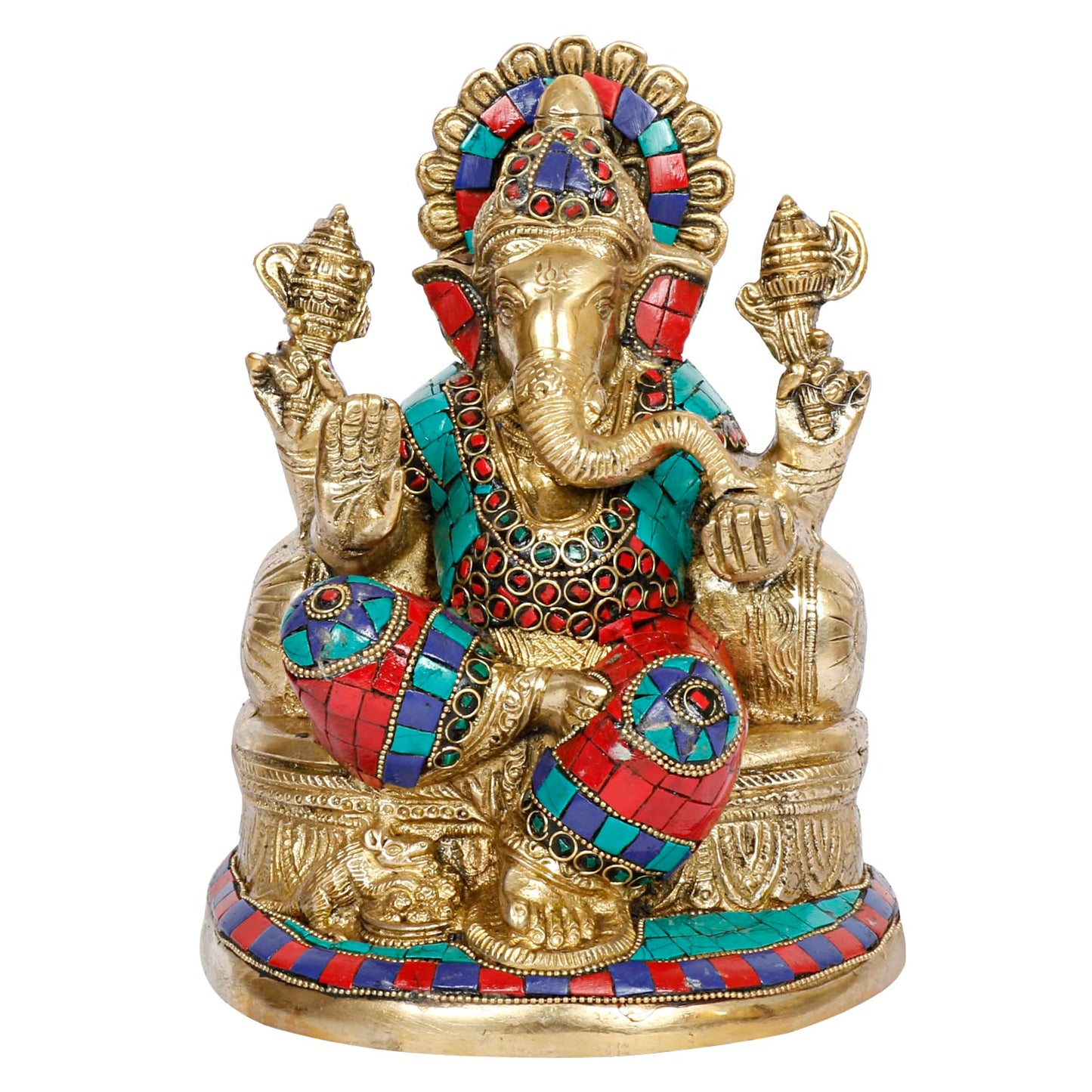 Brass Lord Ganesh Ganpati Sitting On Singhasana Ganesha Idol for Puja Home Decor Gift Height 8 inch - SvarupArt