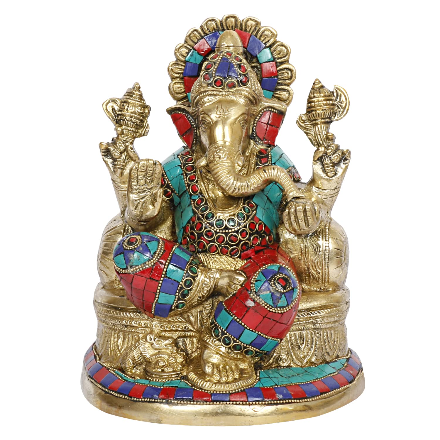 Brass Lord Ganesh Ganpati Sitting On Singhasana Ganesha Idol for Puja Home Decor Gift Height 8 inch - SvarupArt