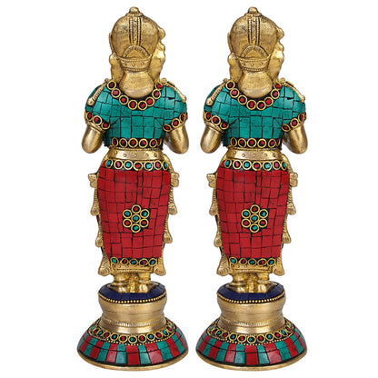 Brass Deep Lakshmi Idols Diya Lady Depa Laxmi Lady Standing with Lamps, Deeplakshmi, Deep Laxmi Set of 2 Multicolor - SvarupArt