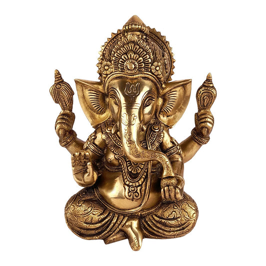 Brass Ganesha Idol for Home Decoration Ganpati Statue Murti for Gift Height 8.5 Inch Weight 3.8 Kg Color Gold - SvarupArt