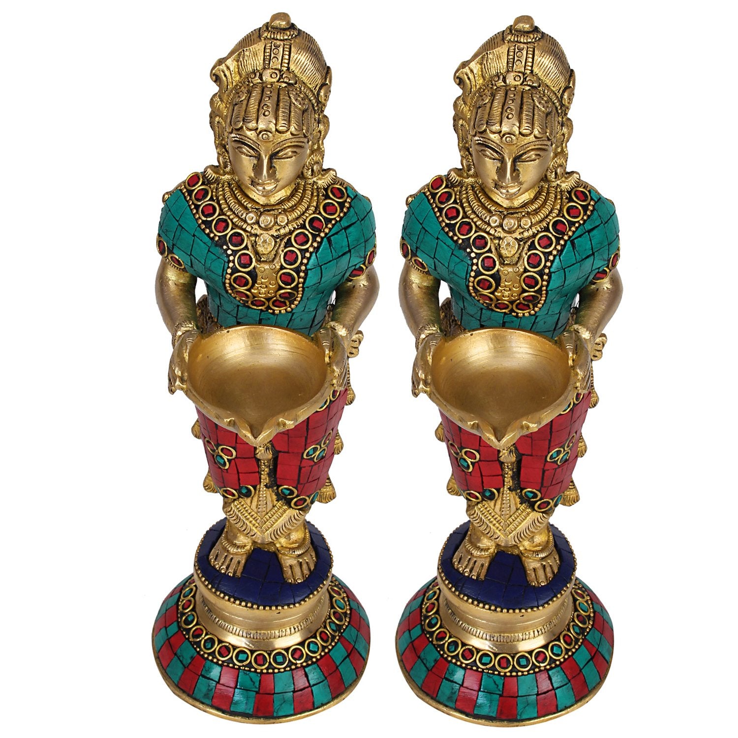 Brass Deep Lakshmi Idols Diya Lady Depa Laxmi Lady Standing with Lamps, Deeplakshmi, Deep Laxmi Set of 2 Multicolor - SvarupArt