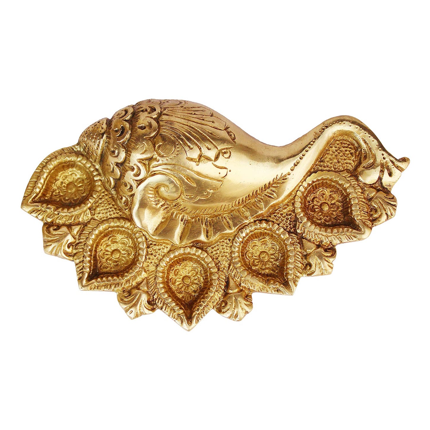 Gold Color Brass Ganesh-Conch Diya: Small Size with Five Lamps for Puja. - SvarupArt