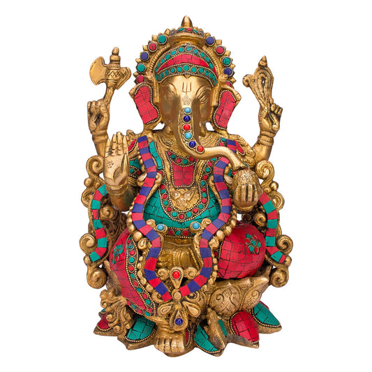 Brass Ganesha Idol for Home Decoration Ganpati Statue Murti for Gift Height 11.4 Inch Weight 6.3 Kg Color Multicolor - SvarupArt