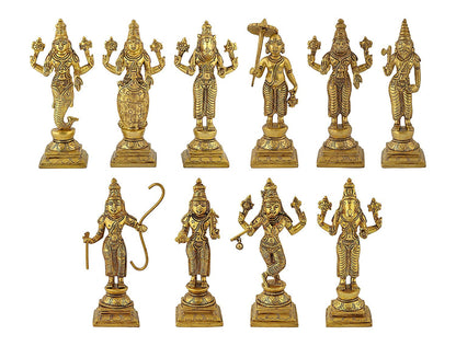 Brass Dashavatara Dasavatharam of Lord Vishnu Statues Ten Incarnations Avatars Idol Murti for Mandir Puja Temple - SvarupArt