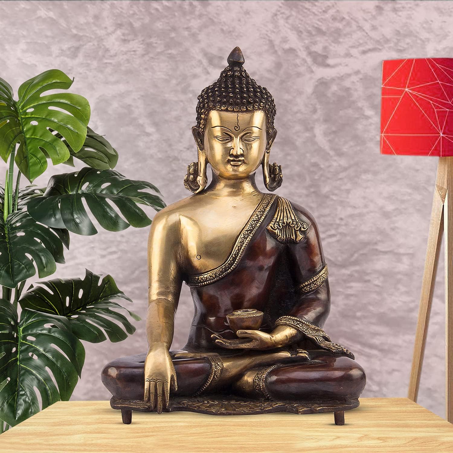 Big Brass Buddha Idol Statue Bhumisparsha Gautam Budd Tibetan Buddhist Decor Height 16 Inch Color Copper Gold - SvarupArt