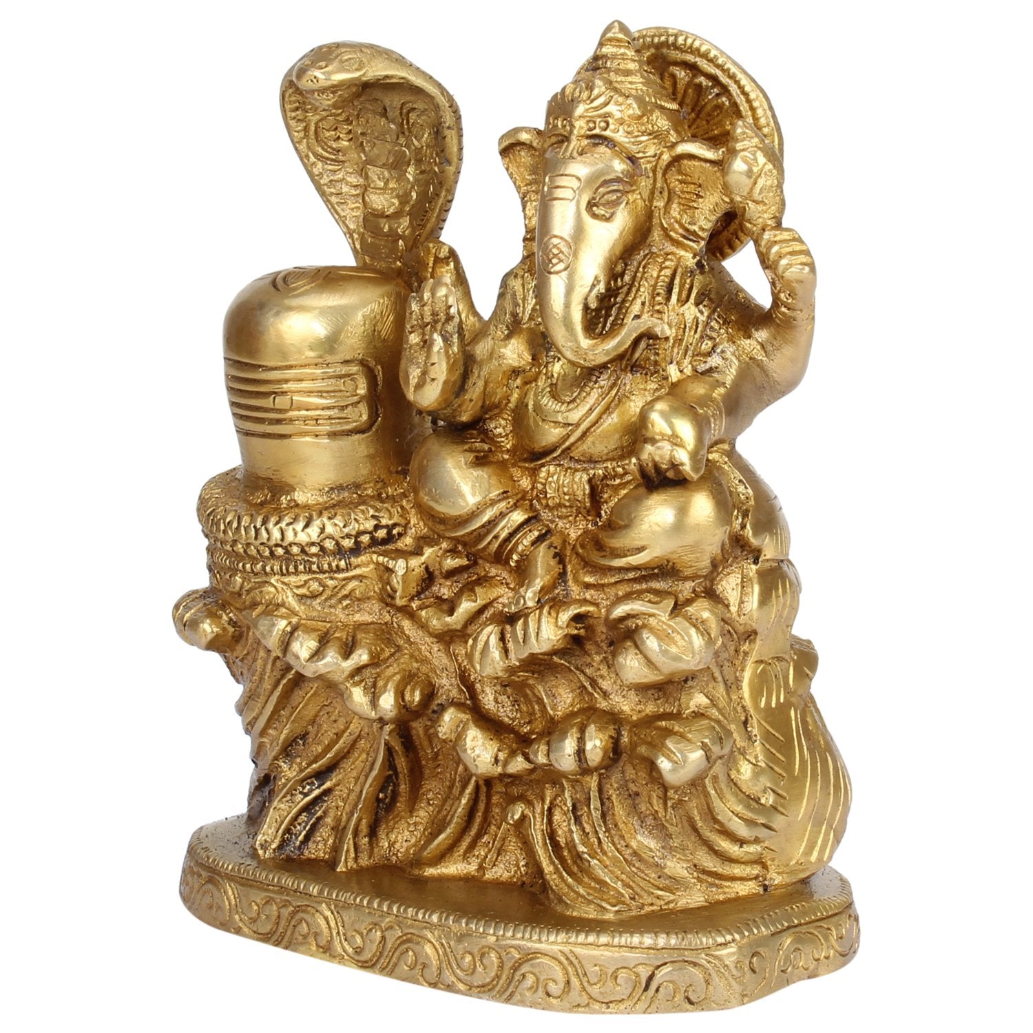 Brass Ganesh Ji with Shivling Ganesha with Shiva Shivling Ganpati Murti Idol Statue Sculpture 5" Inches - SvarupArt