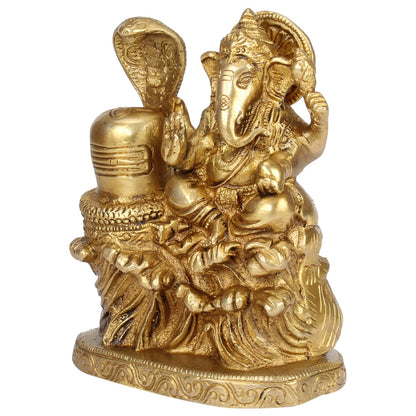 Brass Ganesh Ji with Shivling Ganesha with Shiva Shivling Ganpati Murti Idol Statue Sculpture 5" Inches - SvarupArt