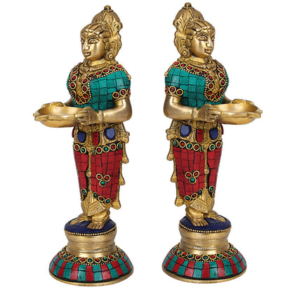 Brass Deep Lakshmi Idols Diya Lady Depa Laxmi Lady Standing with Lamps, Deeplakshmi, Deep Laxmi Set of 2 Multicolor - SvarupArt