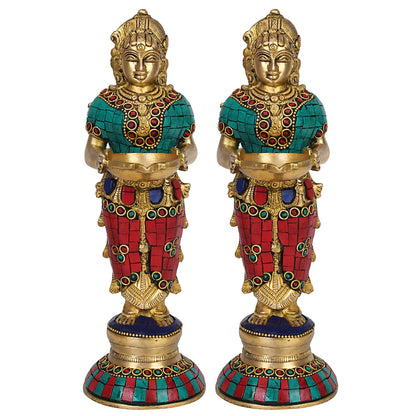 Brass Deep Lakshmi Idols Diya Lady Depa Laxmi Lady Standing with Lamps, Deeplakshmi, Deep Laxmi Set of 2 Multicolor - SvarupArt