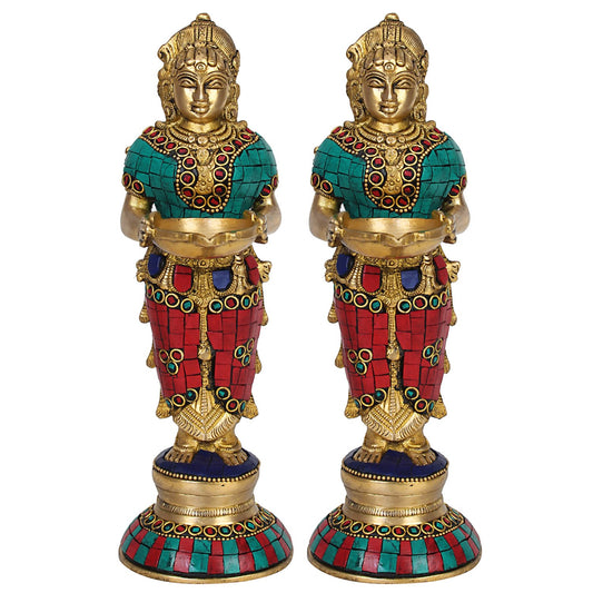 Brass Deep Lakshmi Idols Diya Lady Depa Laxmi Lady Standing with Lamps, Deeplakshmi, Deep Laxmi Set of 2 Multicolor - SvarupArt