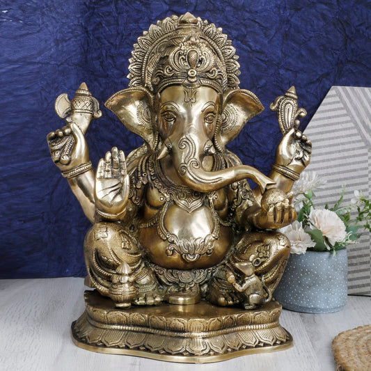 Brass Ganesha Idol for Puja Home Decoration Ganpati Statue Murti for Gift Height 16 Inch Weight 14 Kg Color Antique Gold - SvarupArt