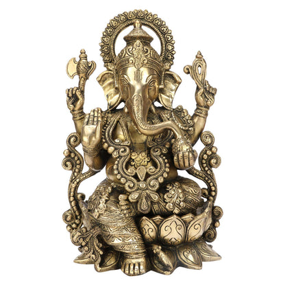 Brass Ganesha Idol for Home Decoration Ganpati Statue Murti for Gift Height 13 Inch Weight 7.5 Kg Color Gold - SvarupArt