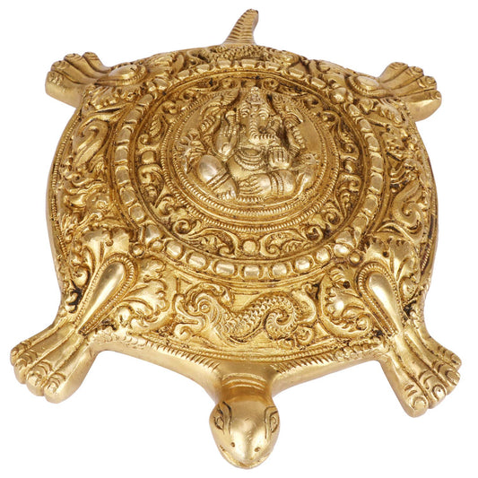 Brass Tortoise with Ganesha Vastu Kachua Ganesh Turtle for Fengshui Home Decor and Showpiece 8 Inch Gold Color - SvarupArt