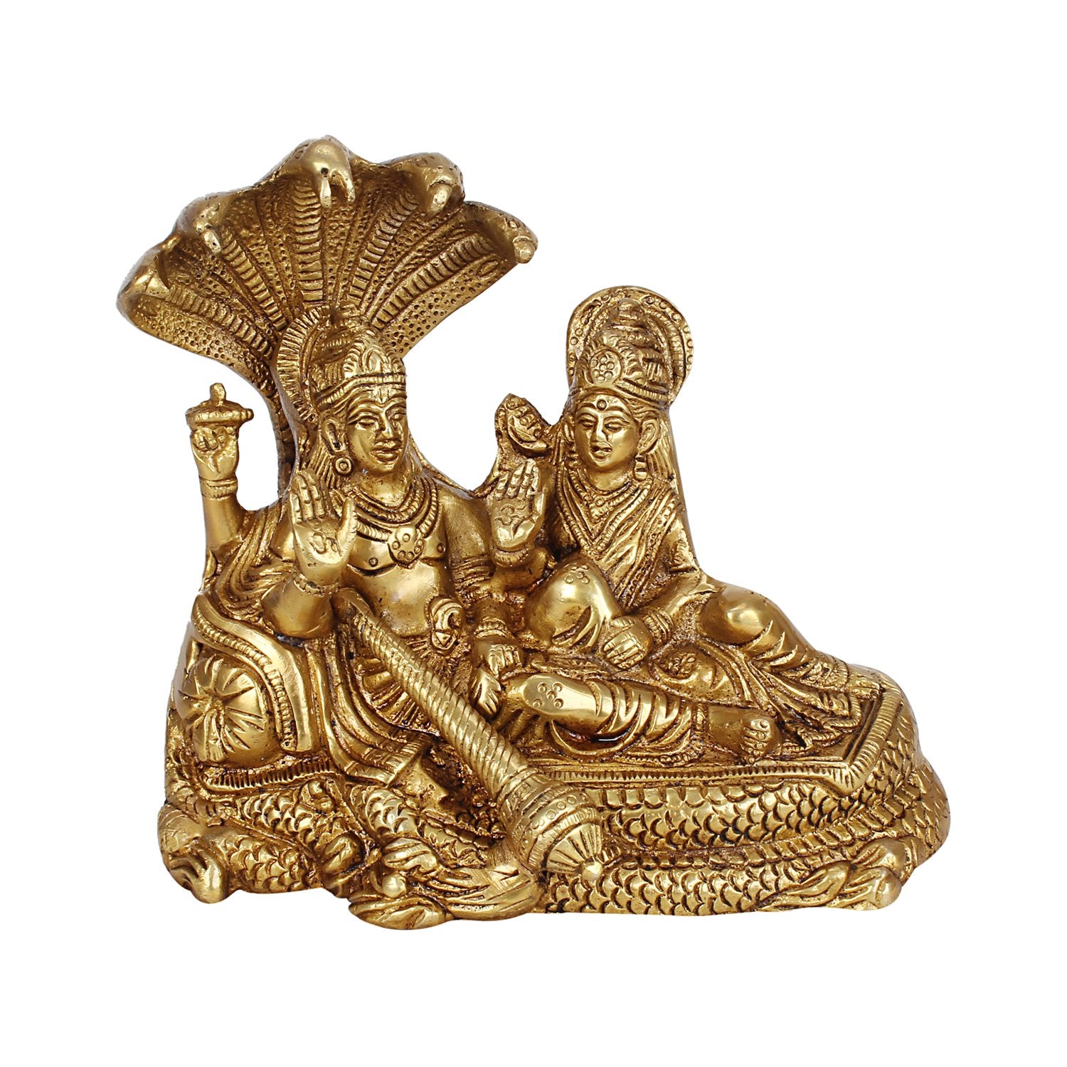 Brass Vishnu Laxmi Resting on Sheshnaag Lord Bhagwan Narayan Lakshmi Statue Idol Murti for Home Decor Mandir Pooja 7 Inch - SvarupArt